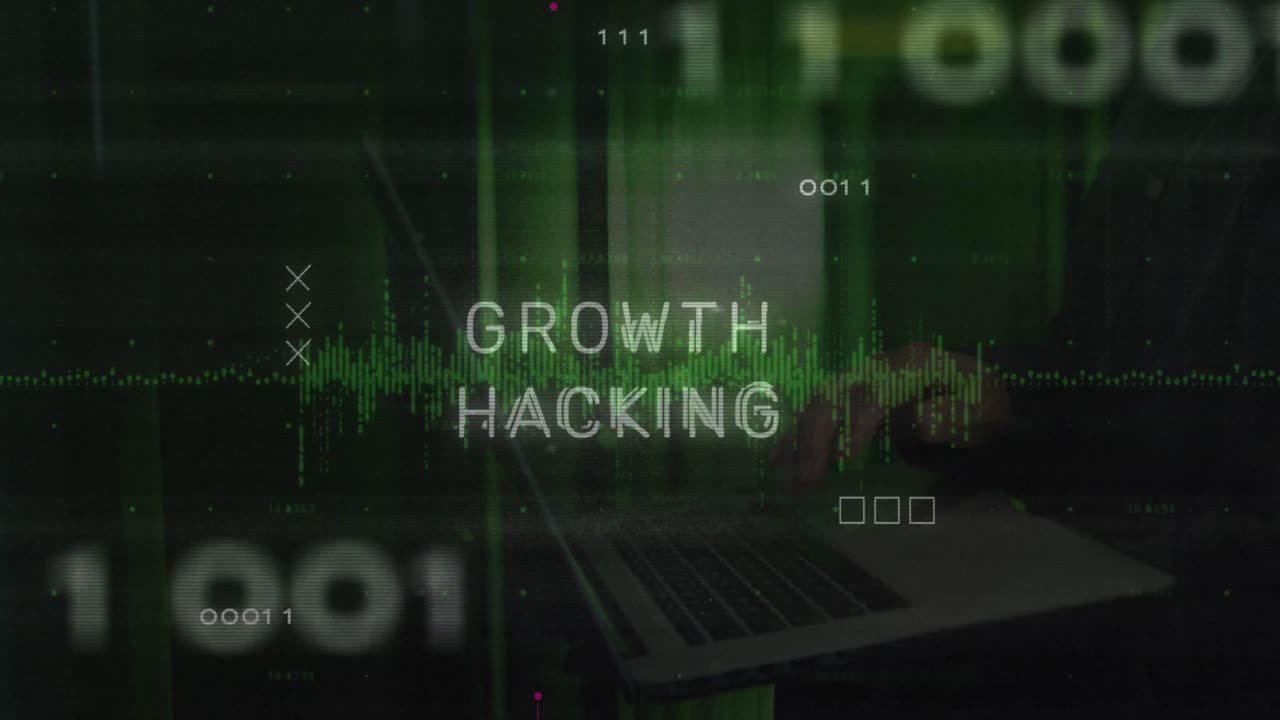Animation of growth hacking text and data processing over hacker using laptop