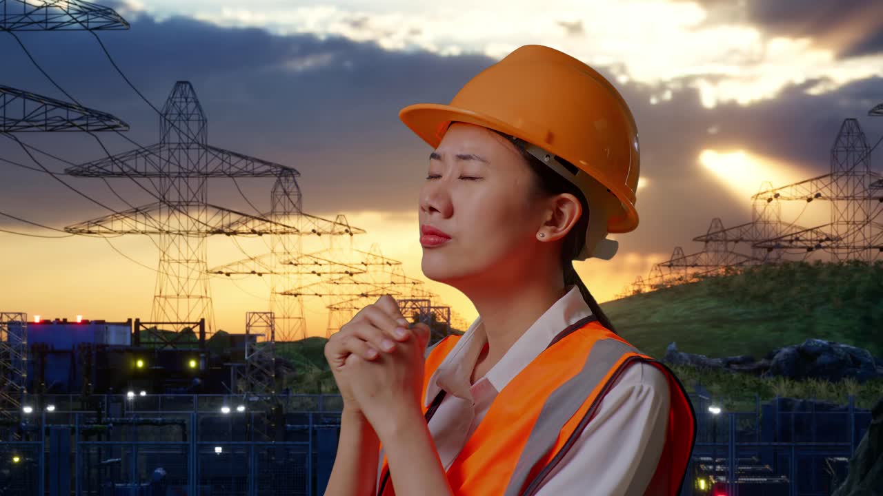 Close Up Side View Of Asian Female Engineer With Safety Helmet Pray For Something While Standing Near High Voltage Tower