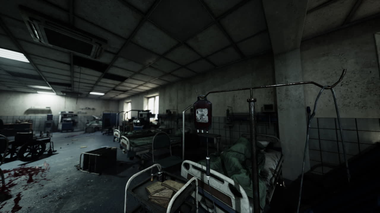 Abandoned hospital ward featuring empty beds and medical equipment at dusk