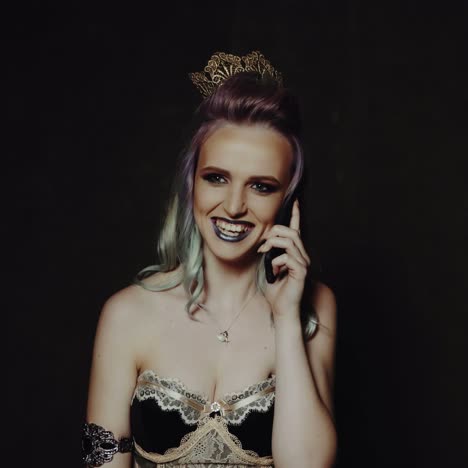woman using phone in studio