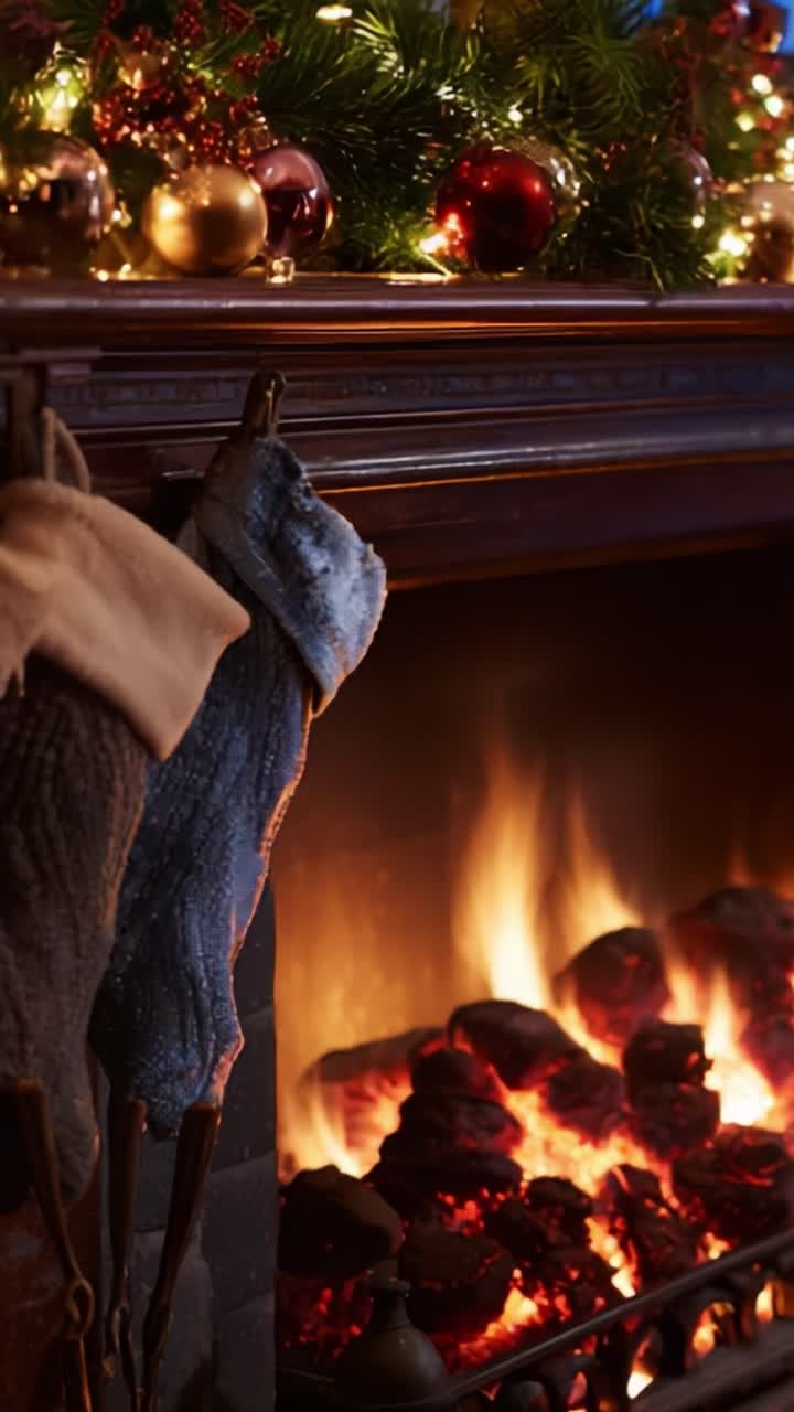 A Cozy Winter Scene Featuring a Fireplace Adorned with Colorful Christmas Stockings and Dazzling Ornaments, Creating a Warm and Inviting Atmosphere for the Holiday Season