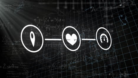 animación de ecuaciones matemáticas y iconos de medios en fondo negro.