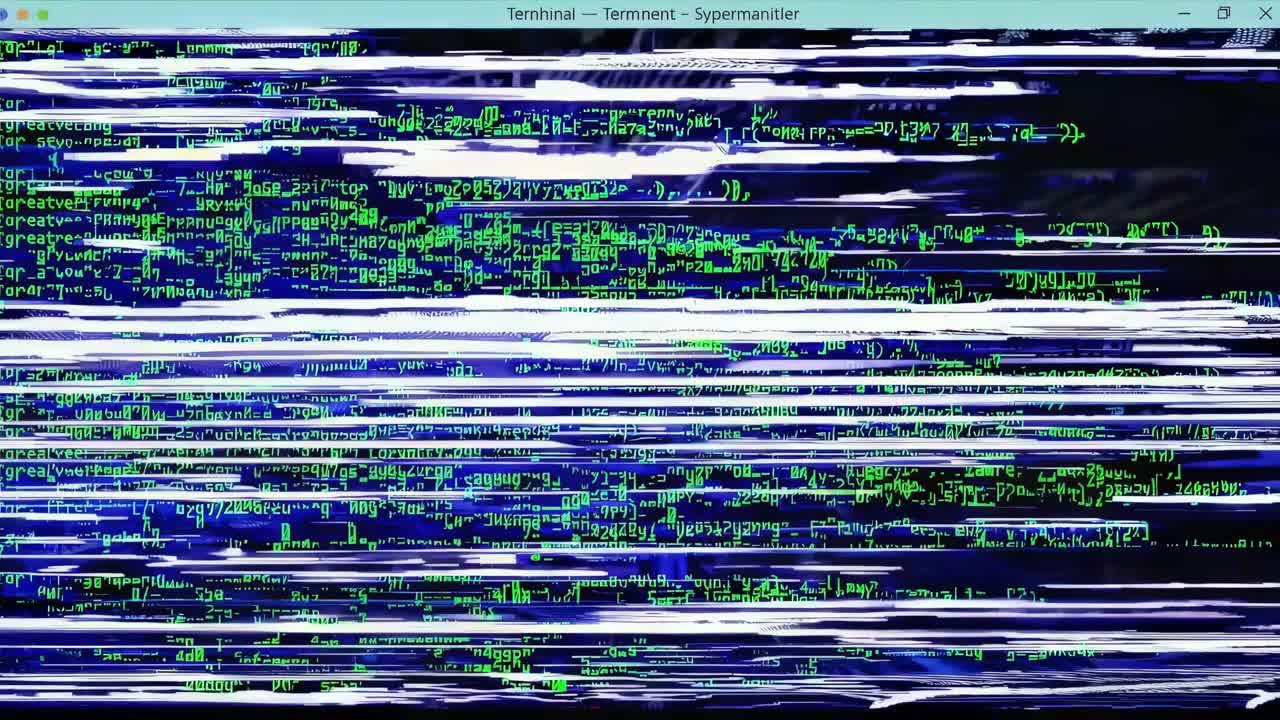 Glitchy video effect showing green code on a black screen