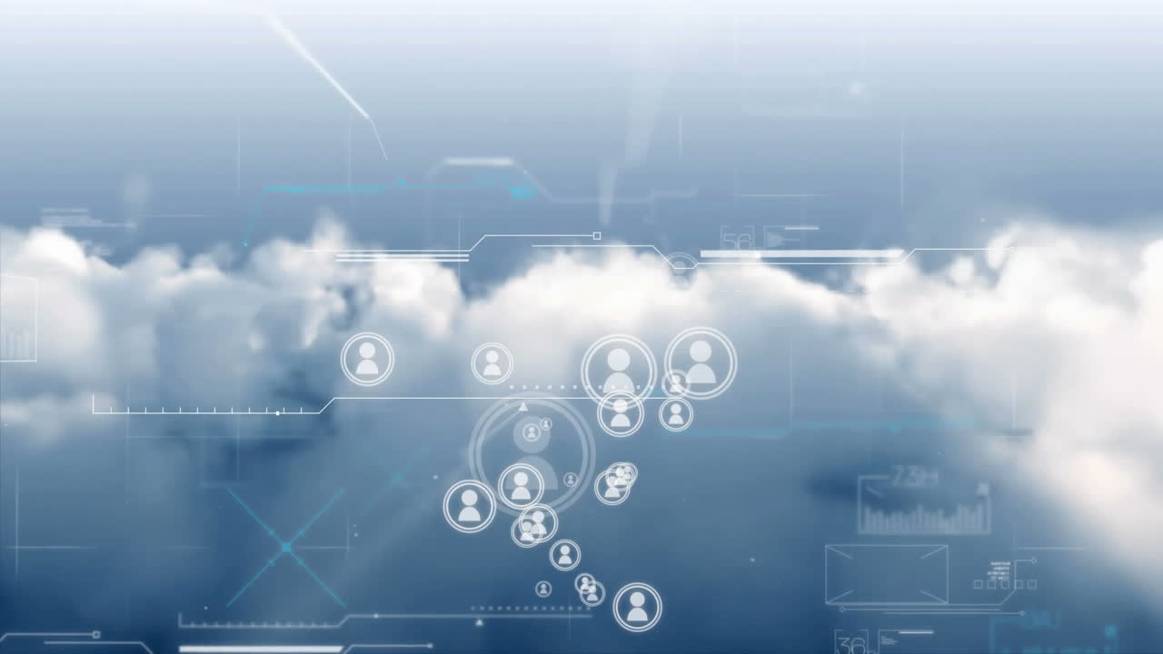 사람들과의 연결 네트워크의 애니메이션 아이콘과 클라우드 상의 데이터 처리