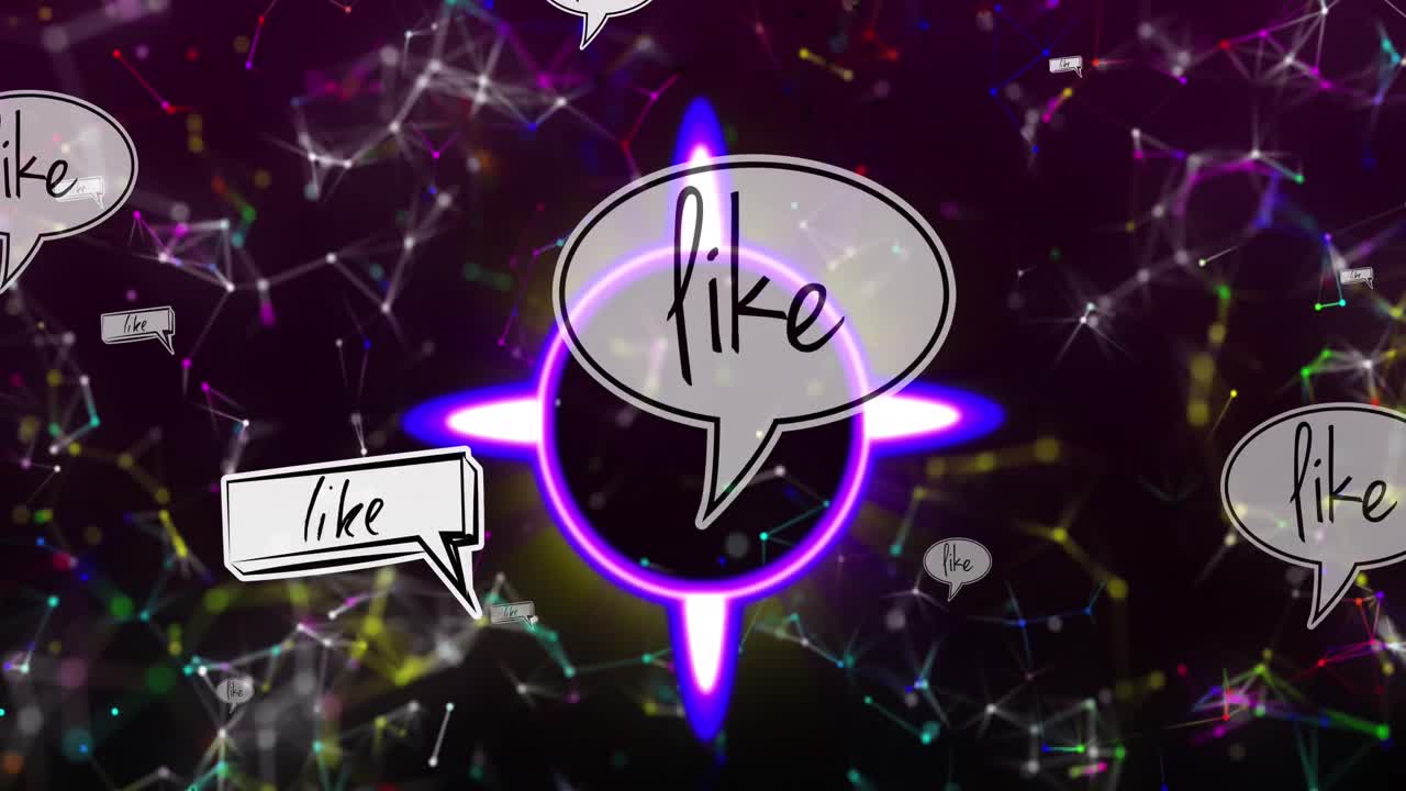 검은 바탕에 있는 원과 별자리 위에 떠다니는 좋아함의 애니메이션