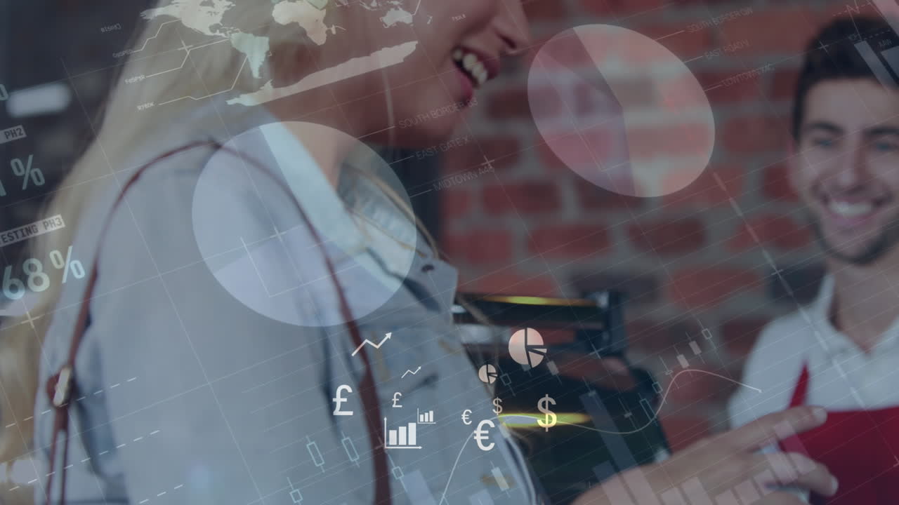 animación de procesamiento de datos financieros sobre mujer caucásica con café en la cafetería