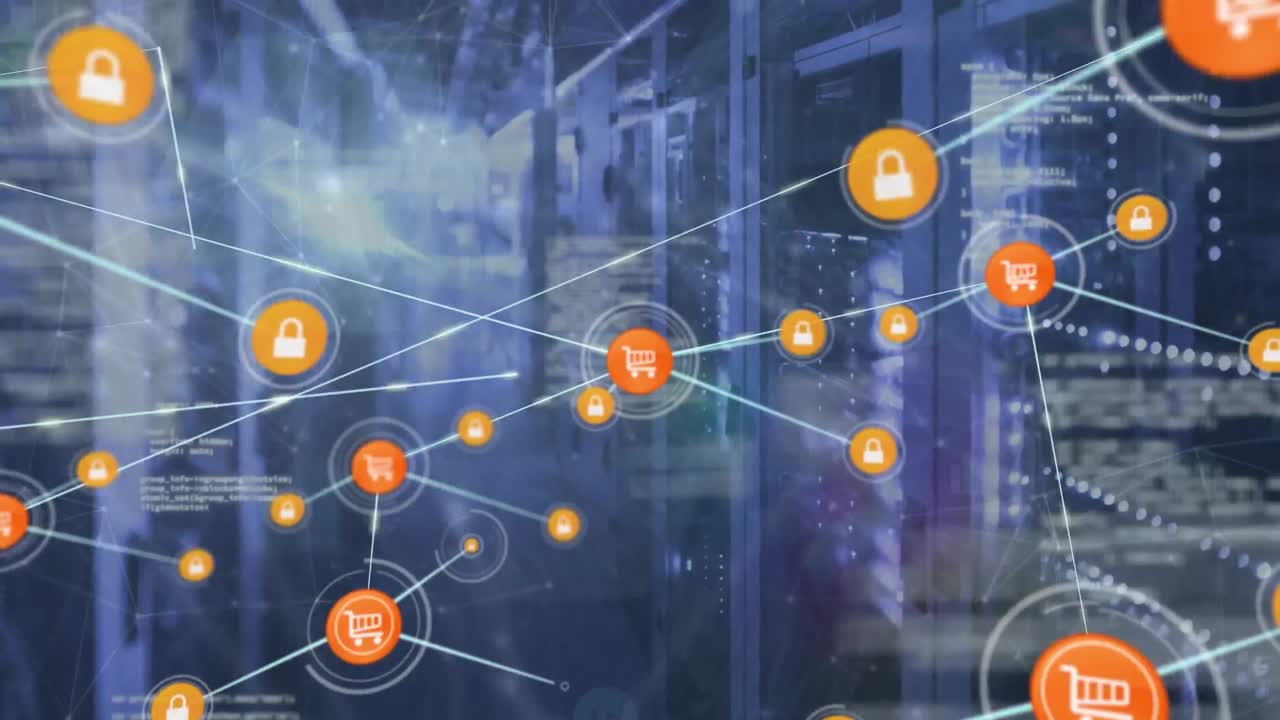 animación de la red de conexiones a través del procesamiento de datos y la sala de servidores.