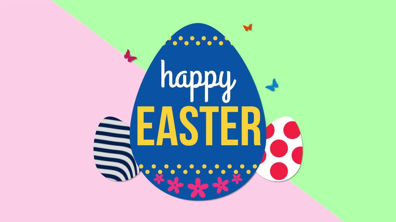 Primo piano animato del testo "Buona Pasqua" e uova su verde e rosa 2