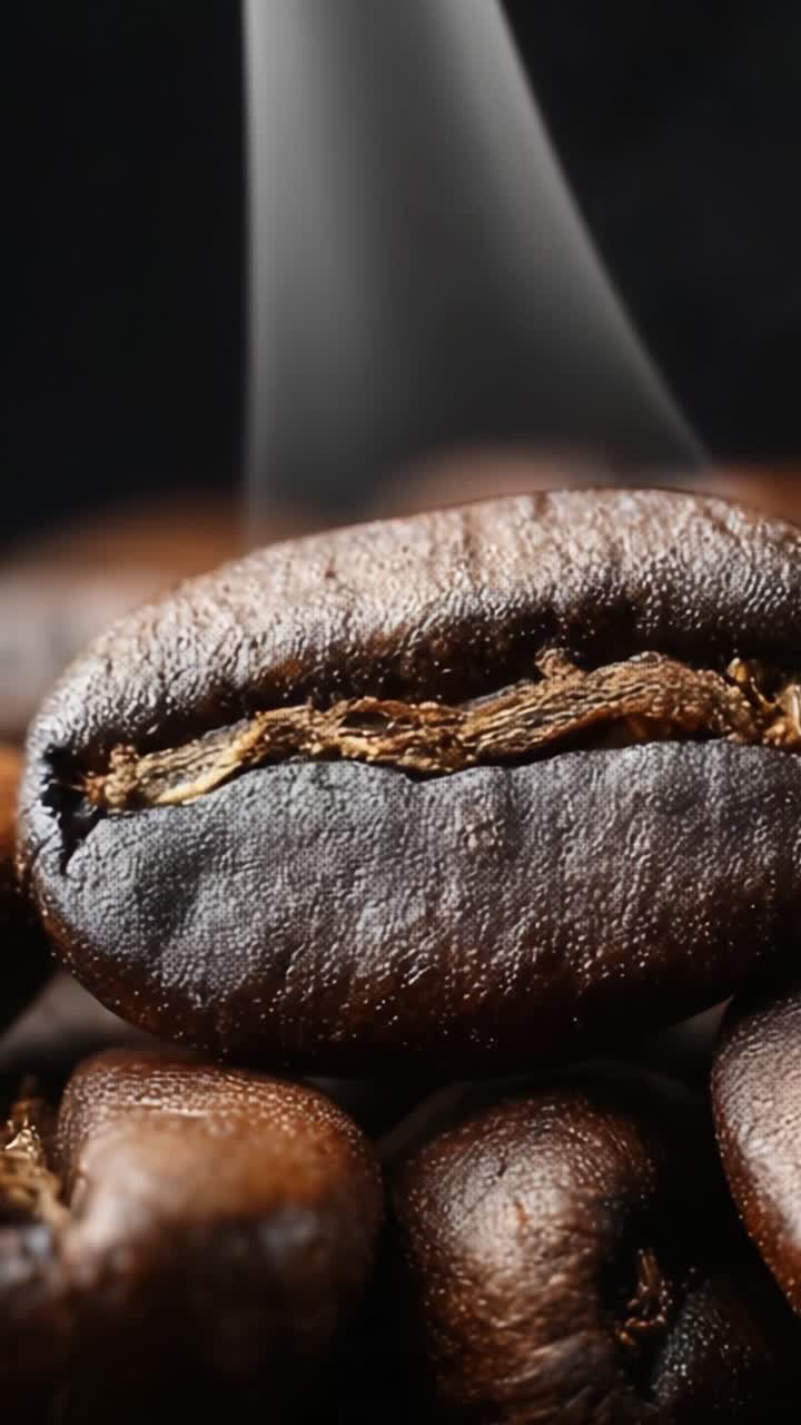 Et nærbillede af rigt ristede kaffebønner med damp, der stiger op, hvilket fanger essensen af friskhed og aroma i hvert korn