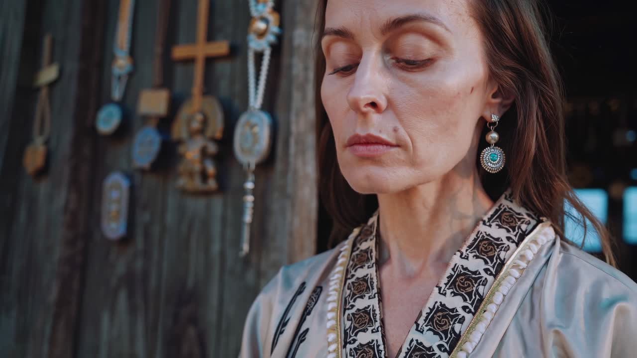 Woman in traditional attire with intricate patterns is engaged in a moment of reflection, surrounded by symbolic artifacts, conveying a serene atmosphere of contemplation