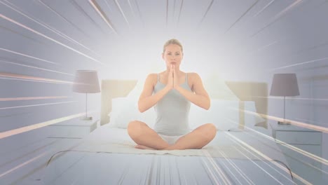 animation of moving lines over caucasian woman practicing yoga and meditating