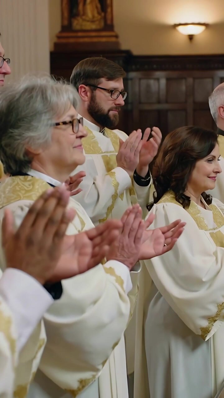 Vertical video: Applauding choir in white robes after hymn in church with gold stoles and glasses