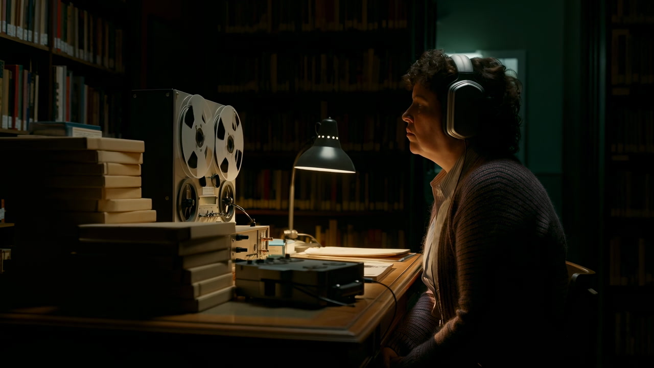 Dim Library Archivist Listening To Reel Tape Recorder Under Warm Lamp, Person Wearing Headphones Sits