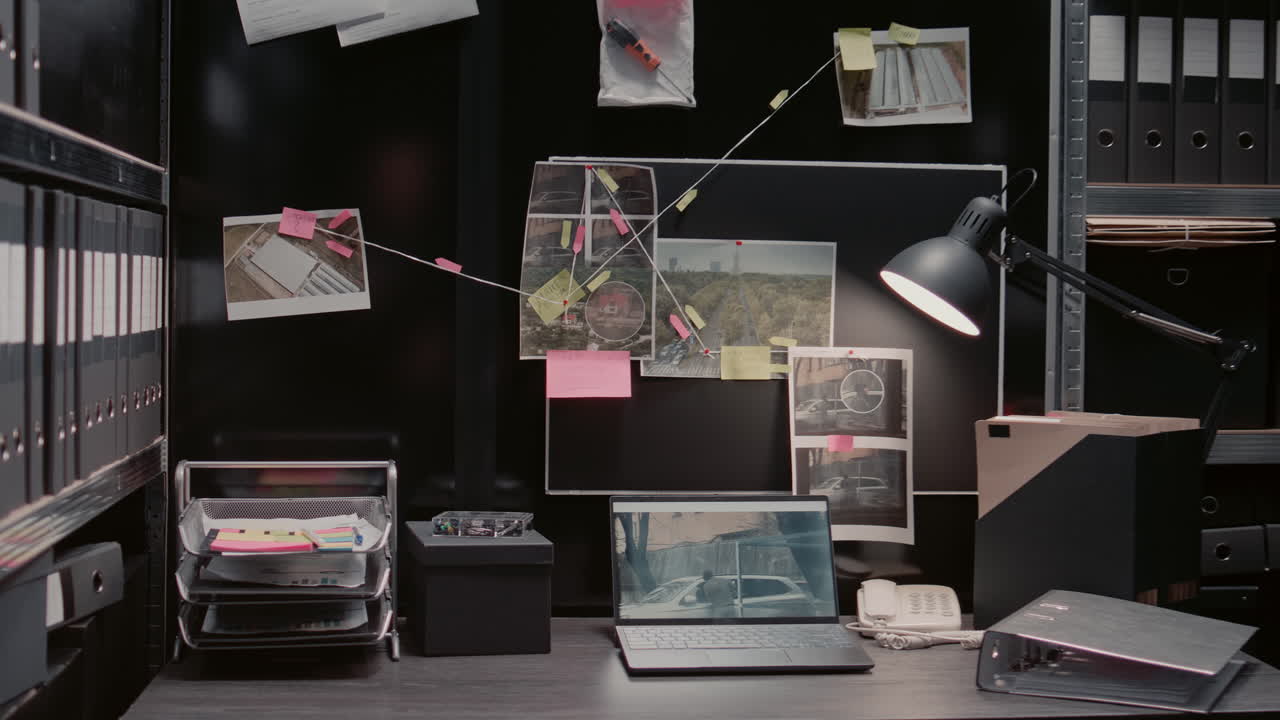 Woman working in a detective's office filled with records and files