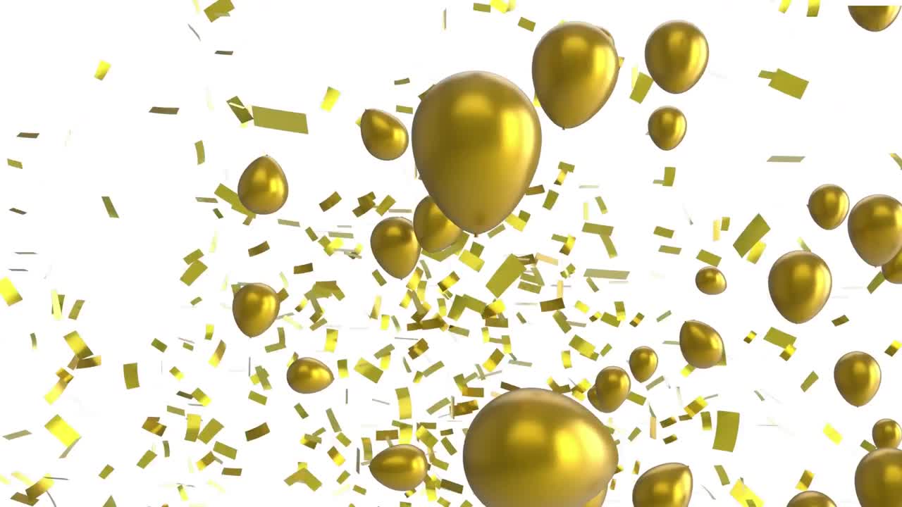 animación de globos de oro que se elevan, con confeti de oro cayendo sobre un fondo blanco