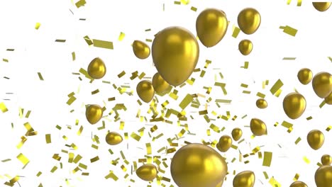 animation of gold balloons rising, with gold confetti falling on white background