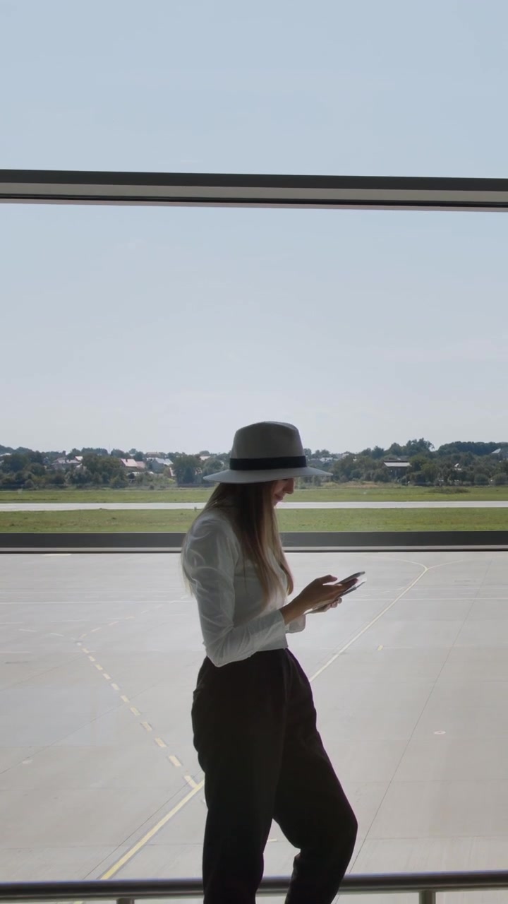 Una mujer con sombrero está de pie junto a una ventana en un aeropuerto, mirando su teléfono. La toma vertical captura...