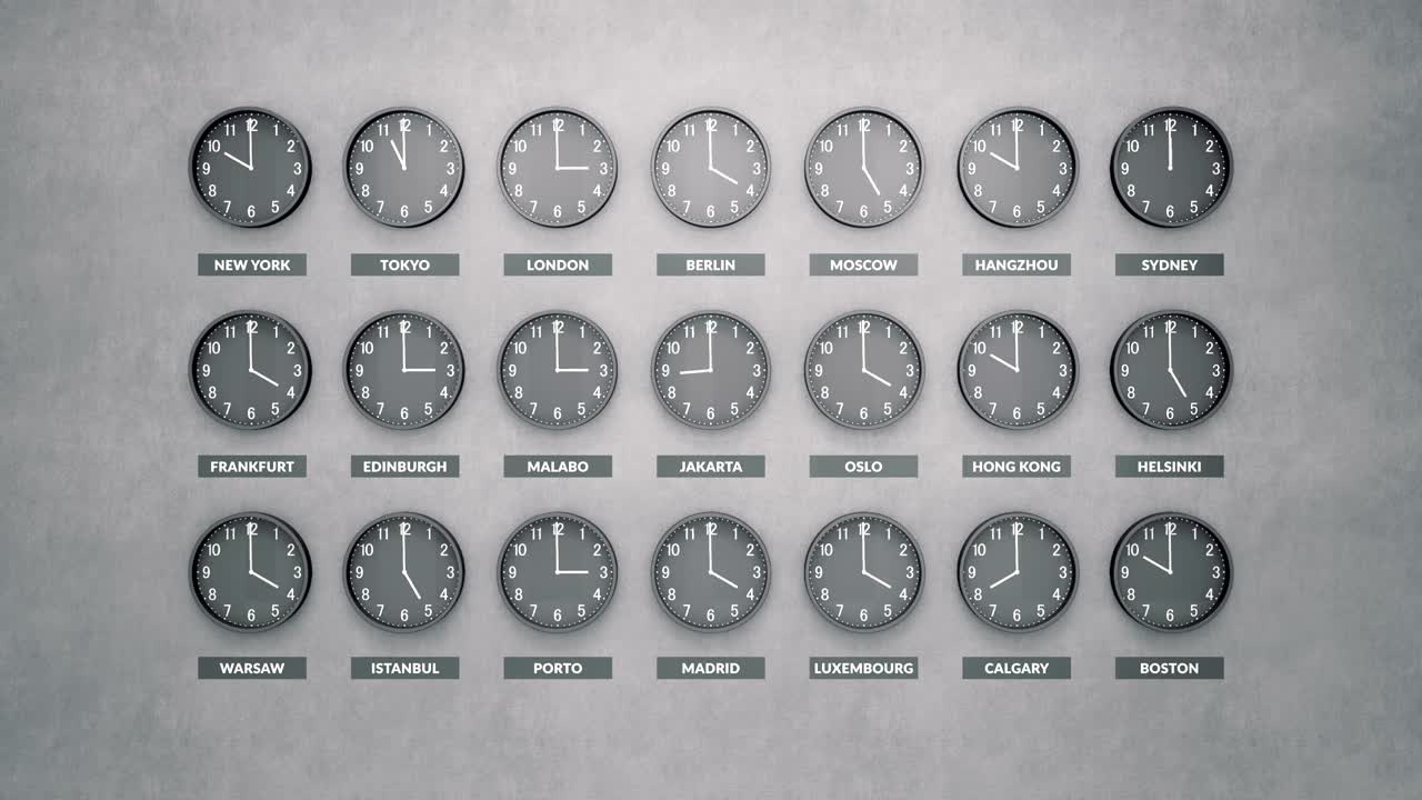 Round clocks show different time zones on a dark concrete wall. Loopable clock face timelapse.