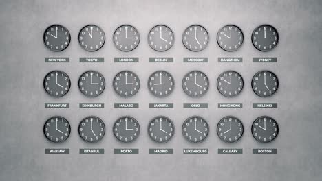 round clocks show different time zones on a dark concrete wall. loopable clock face timelapse.