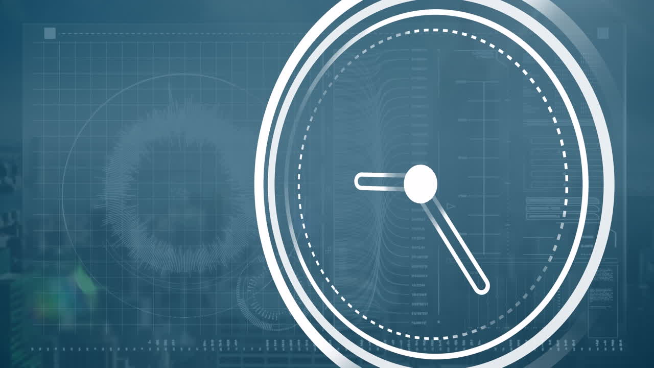 Animazione di orologio ed elaborazione dati su sfondo blu