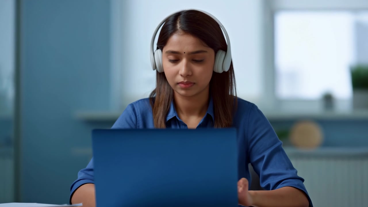 Donna seduta in camicia blu guarda il suo laptop con un'espressione neutra e attenta mentre le sue mani si muovono leggermente vicino al computer, con documenti nelle vicinanze e luce diurna che attraversa la stanza