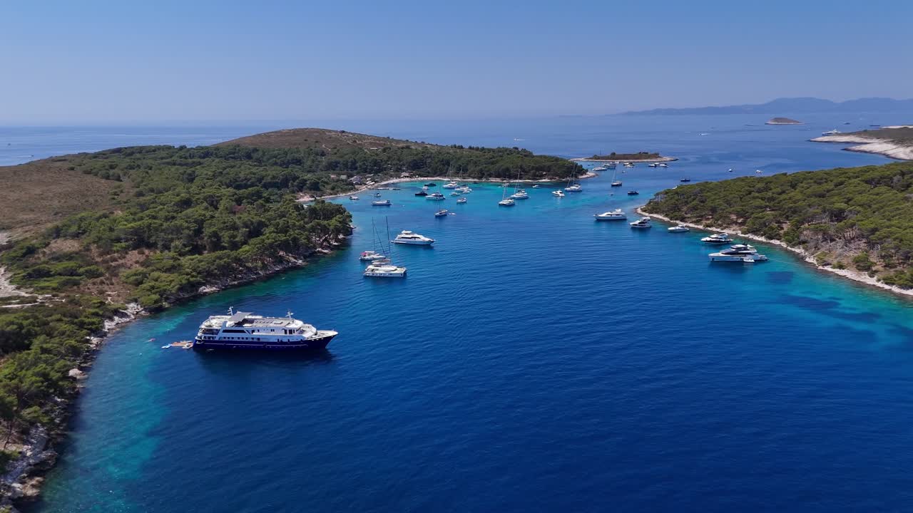 Aerial drone view of boats ships cruise sail sailing croatia adriatic sea yachts
