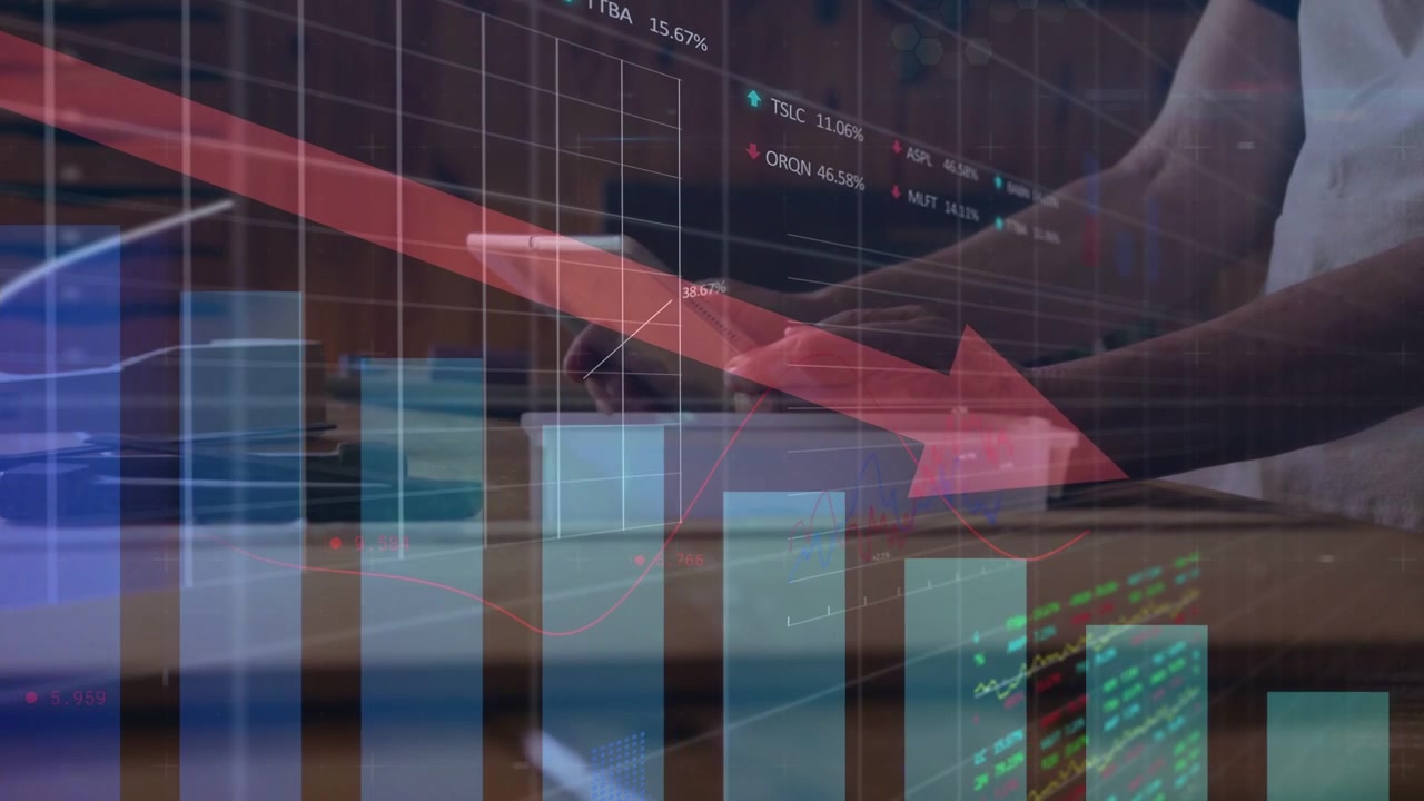 Overlay appearing, red arrow sweeping, bars falling, man tapping tablet, peer viewing, showing drop