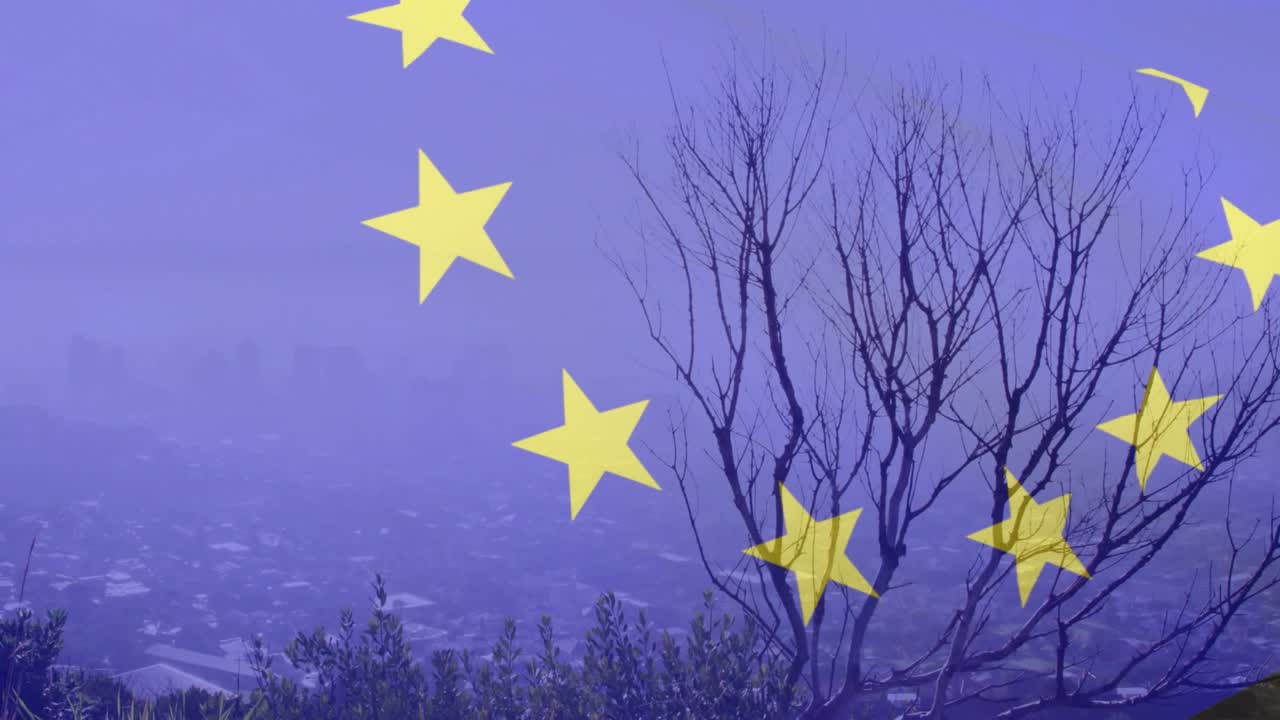 Estrela amarela emergindo, iniciando estrelas flutuando em caminho circular ao redor da árvore, formando uma decoração celestial