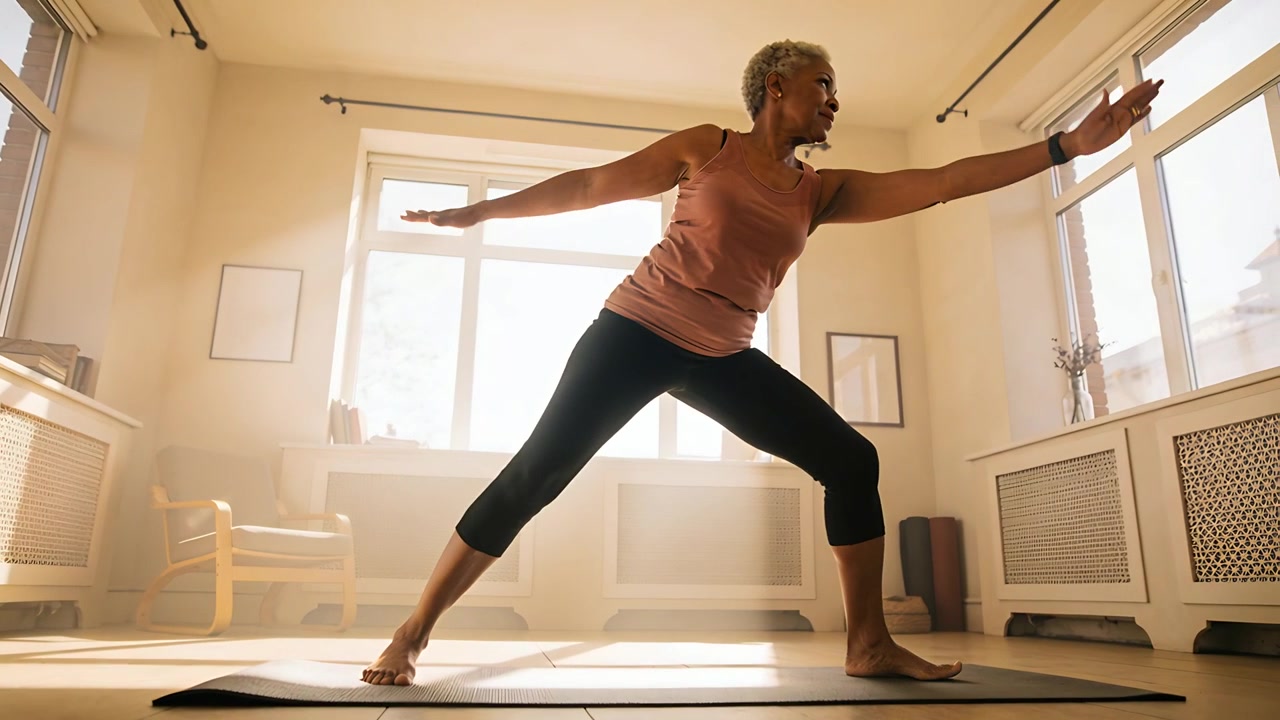 Starting wide stance, woman wearing pink top performing yoga on mat showing balance near windows