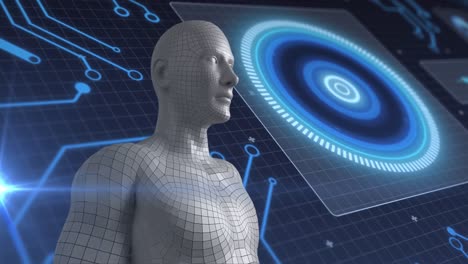 animación del cuerpo humano y procesamiento de datos científicos sobre fondo azul.