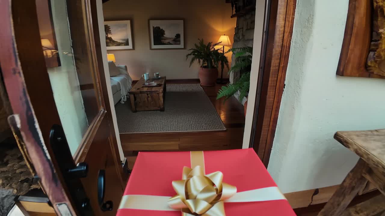 Person opening door, carrying red gift box into living room, placing it on coffee table