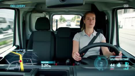 a delivery driver focuses while navigating urban streets. advanced route guidance displays details on the vehicle's dashboard, ensuring efficient navigation to the destination.