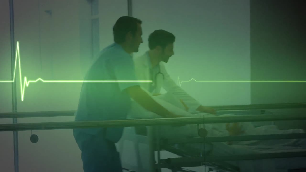병원에 환자를 데려가는 의료 의료 인력 팀에 대한 심장 박동 모니터의 애니메이션