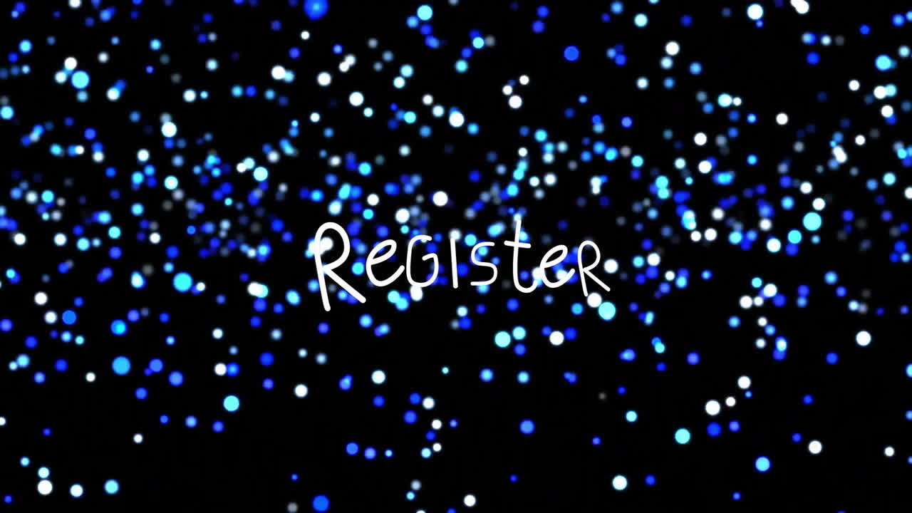 Handwritten Register text floating over black background dotted with glowing blue bokeh lights