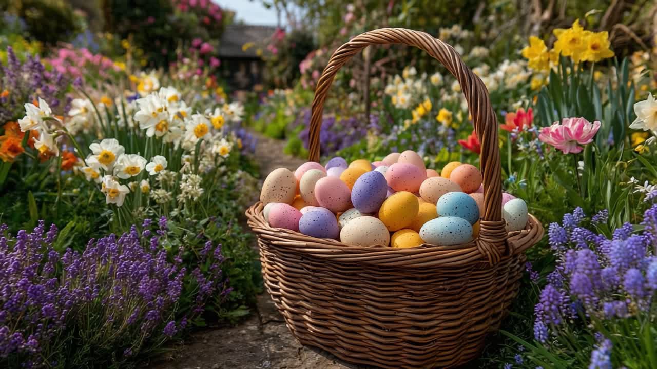 A Colorful Easter Basket Overflowing with Painted Eggs Surrounded by a Vibrant Flower Garden in Full Bloom, Capturing the Essence of Spring Festivities