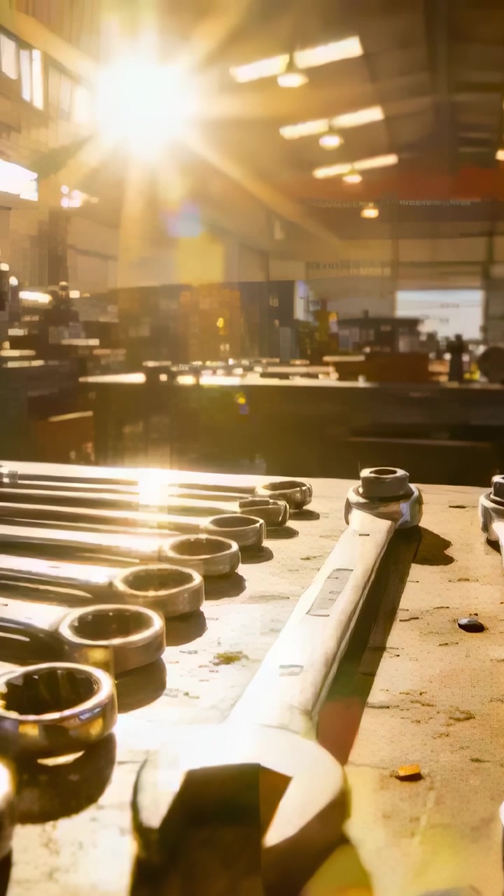 Vertical video: Pulling back camera reacting to sunlight flaring, revealing combo wrench on bench