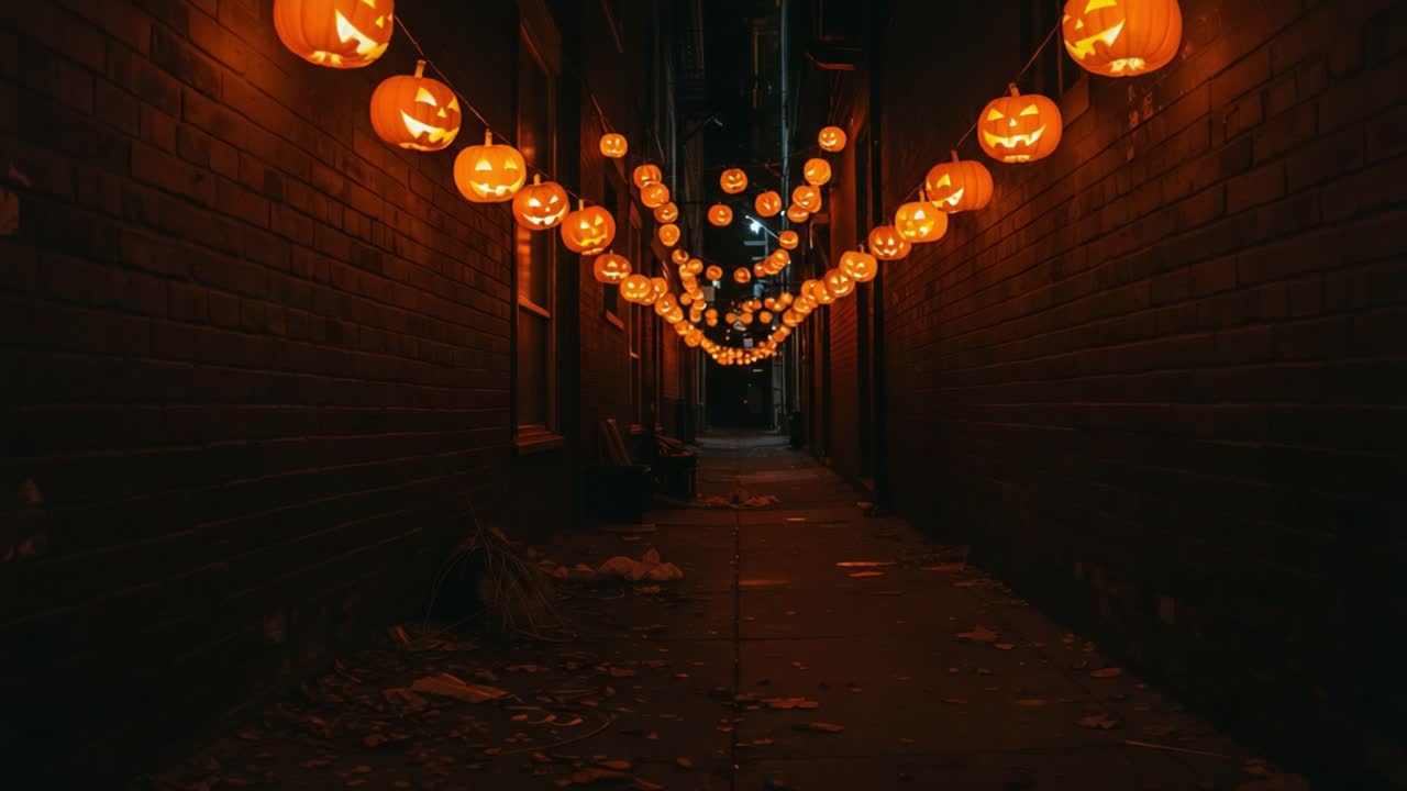 Un vicolo spettrale illuminato da lanterne di zucca luminose crea un'atmosfera festosa e inquietante, perfetta per le celebrazioni di Halloween e le notti autunnali.