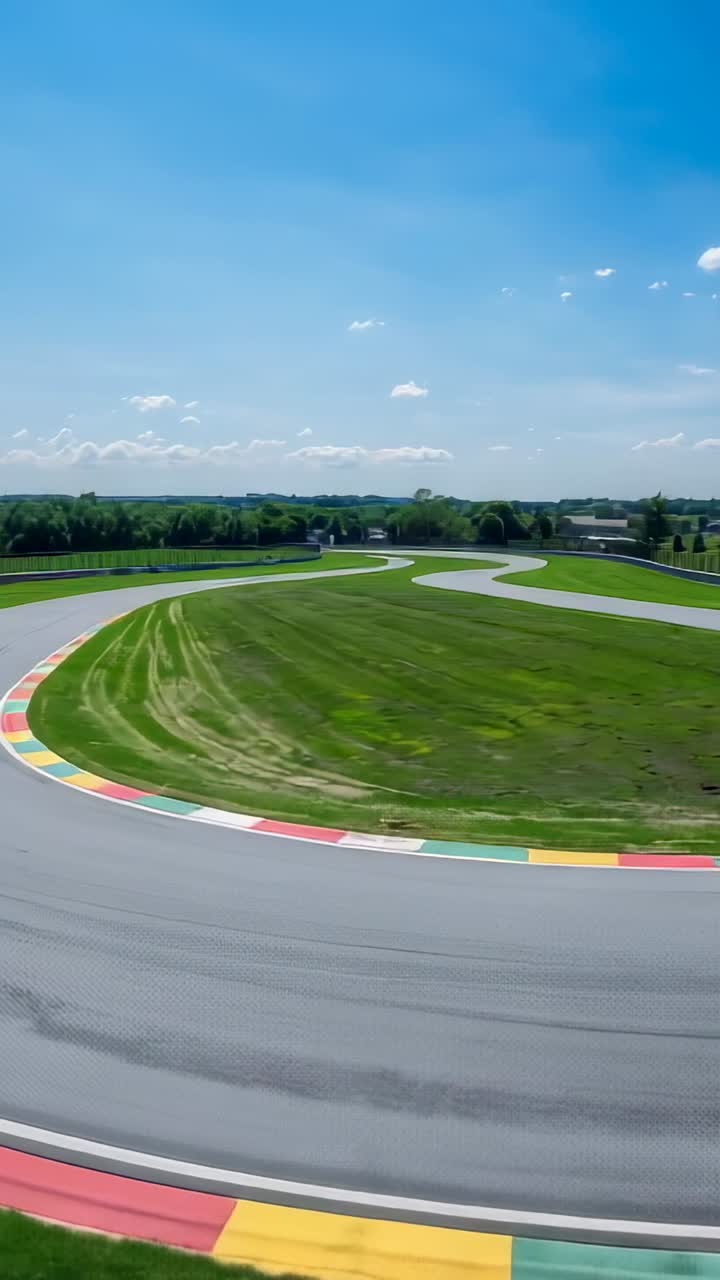 Vertical video: Camera initiating panning curving asphalt track bend at rural course, showing kerbs