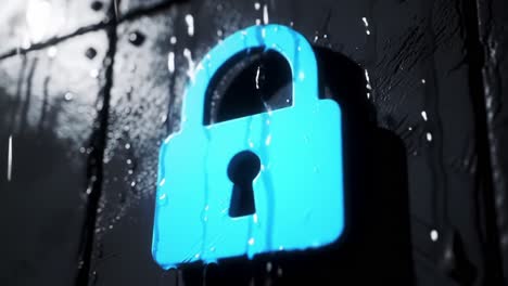 a close-up view of a stylish blue padlock against a wet black surface, highlighting security and protection features in a riveting visual display