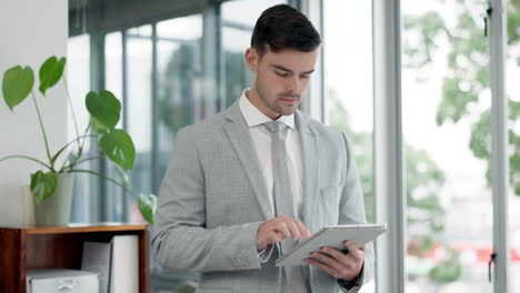 business man, tablet and scroll for financial