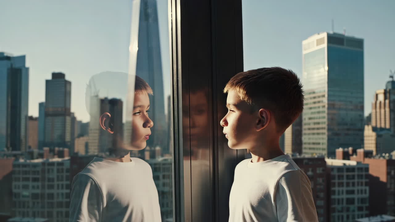 Young Boy and His Reflection Gazing at the Cityscape from a Window