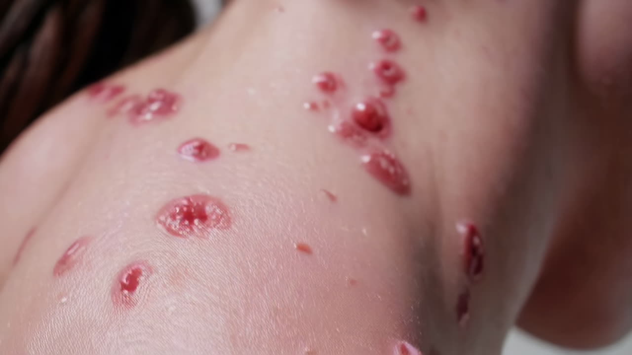 Close-up of skin lesions on a person's neck and shoulder