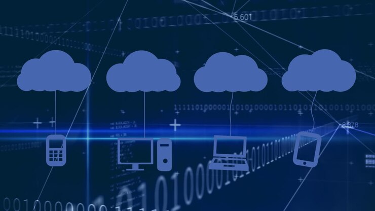 Animation of cloud icons and data processing over dark background