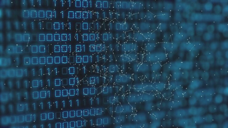 Binary code and network connections, digital data processing animation