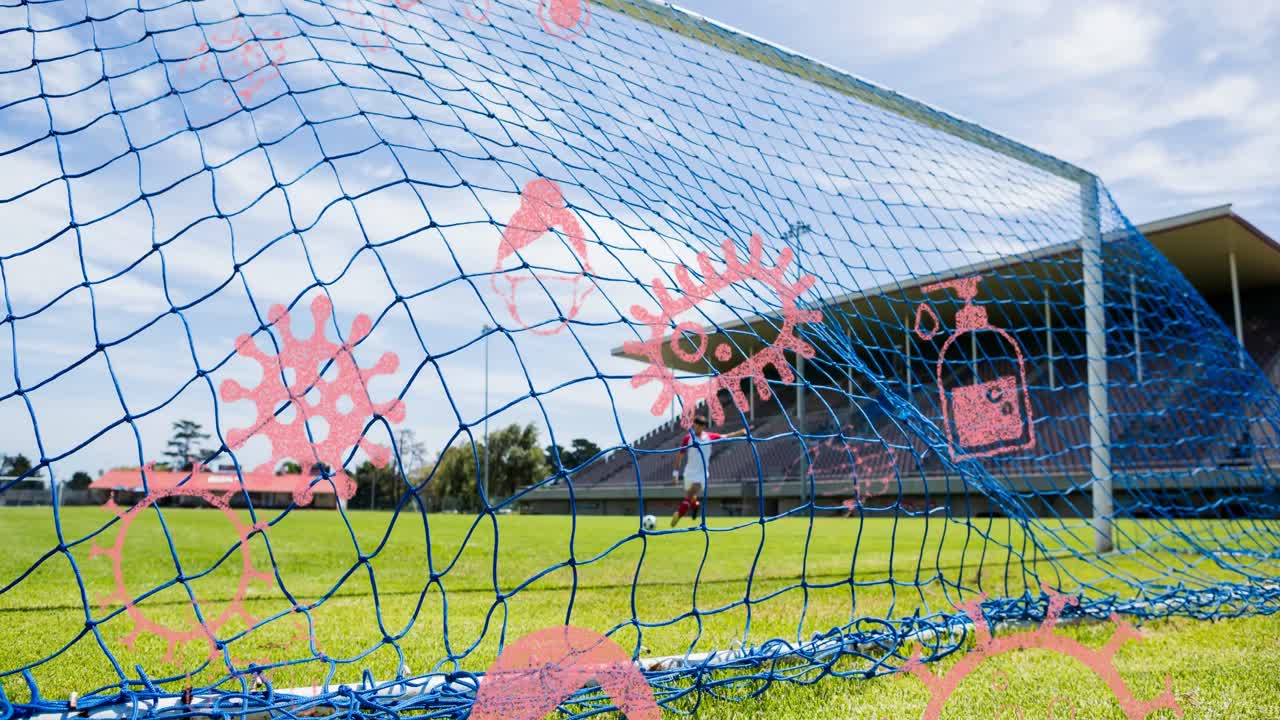 iconos del concepto de coronavirus contra un hombre pateando una pelota de fútbol