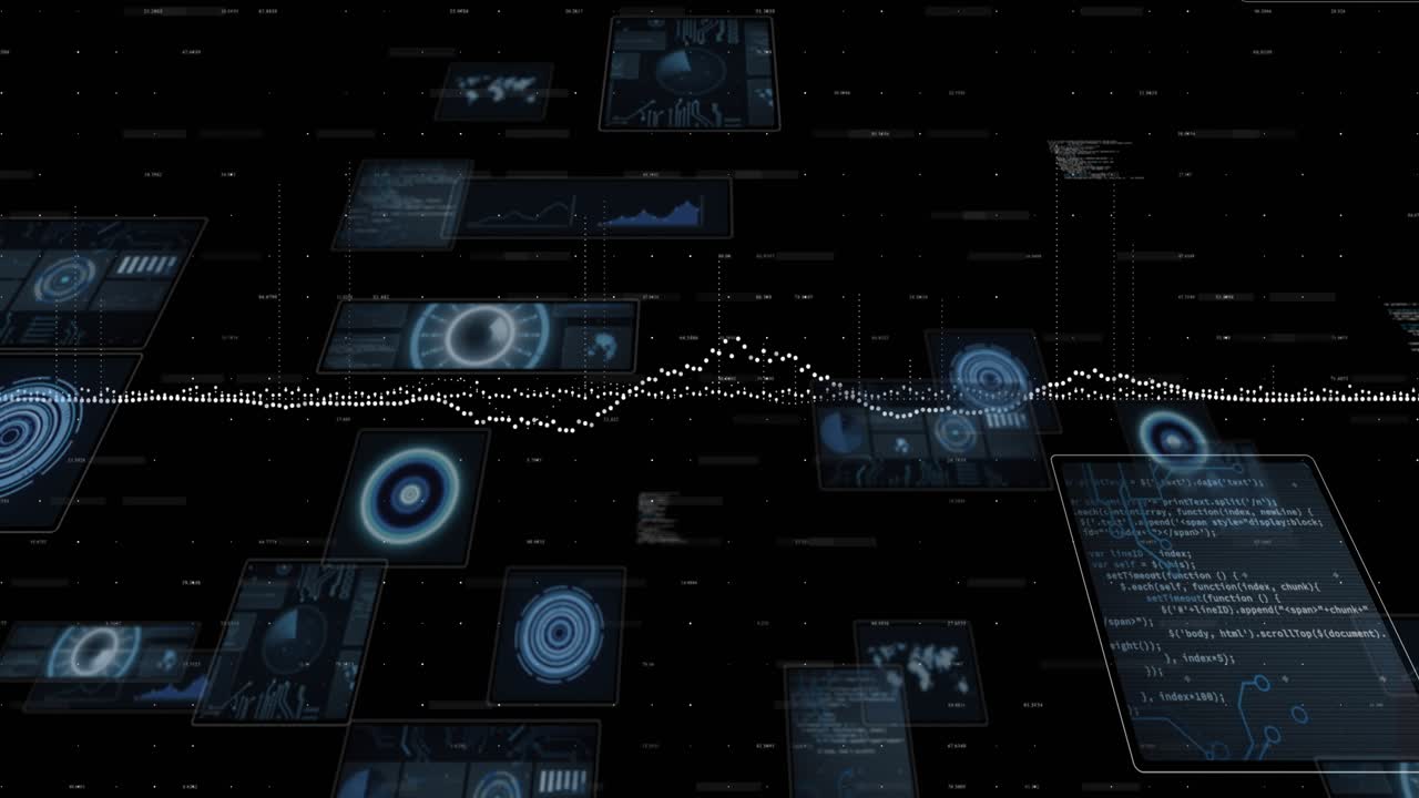White dotted waveform appearing at center causing panels rising and floating visualizing data flow