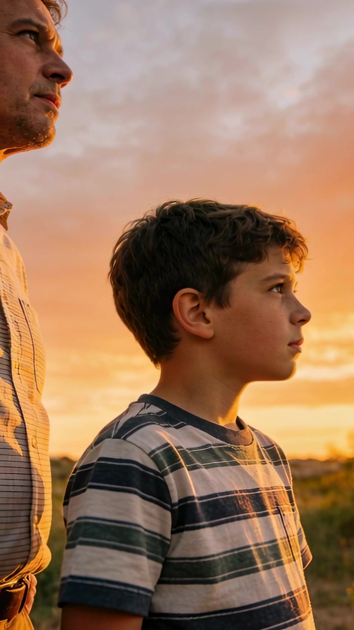 Video verticale: Tramonto in arrivo, padre e figlio in piedi che guardano l'orizzonte, con maglietta a righe e camicia con colletto.