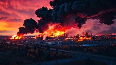 a large plume of black smoke billows out of an oil refinery at sunset