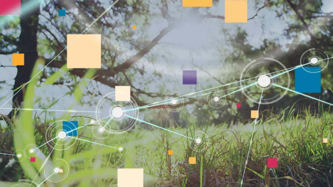 Network of connections and data processing animation over natural landscape