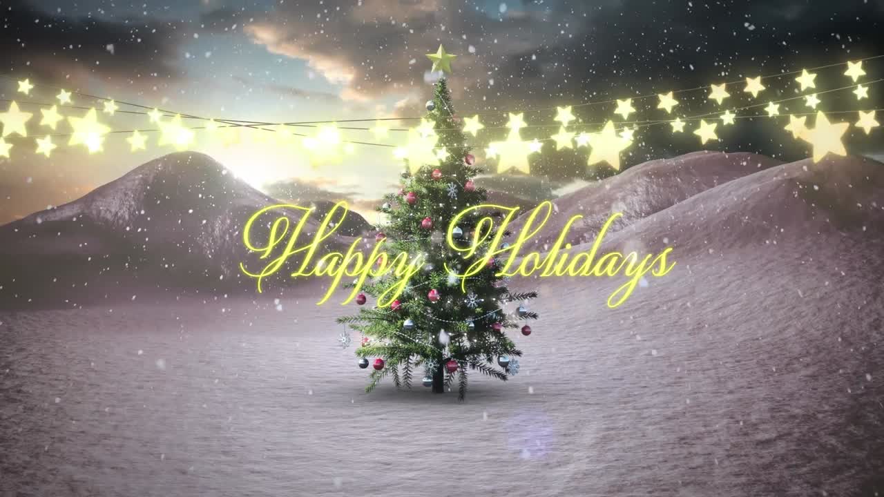 크리스마스 트리와 겨울 풍경 위에 요정 조명과 함께 행복한 휴일 텍스트의 애니메이션